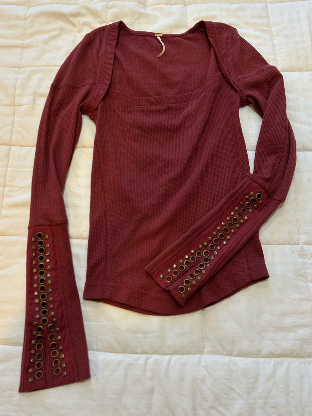Freepeople Burgundy Waffle Knit Long Sleeve Top with Grommet Detail